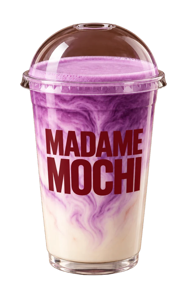 Ube latte dans un gobelet transparent Madame Mochi