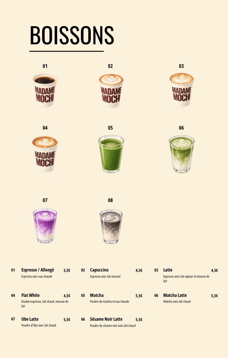 La carte des boissons : espresso, cappuccino, latte, flat white, matcha, matcha latte, ube latte et sésame noir latte