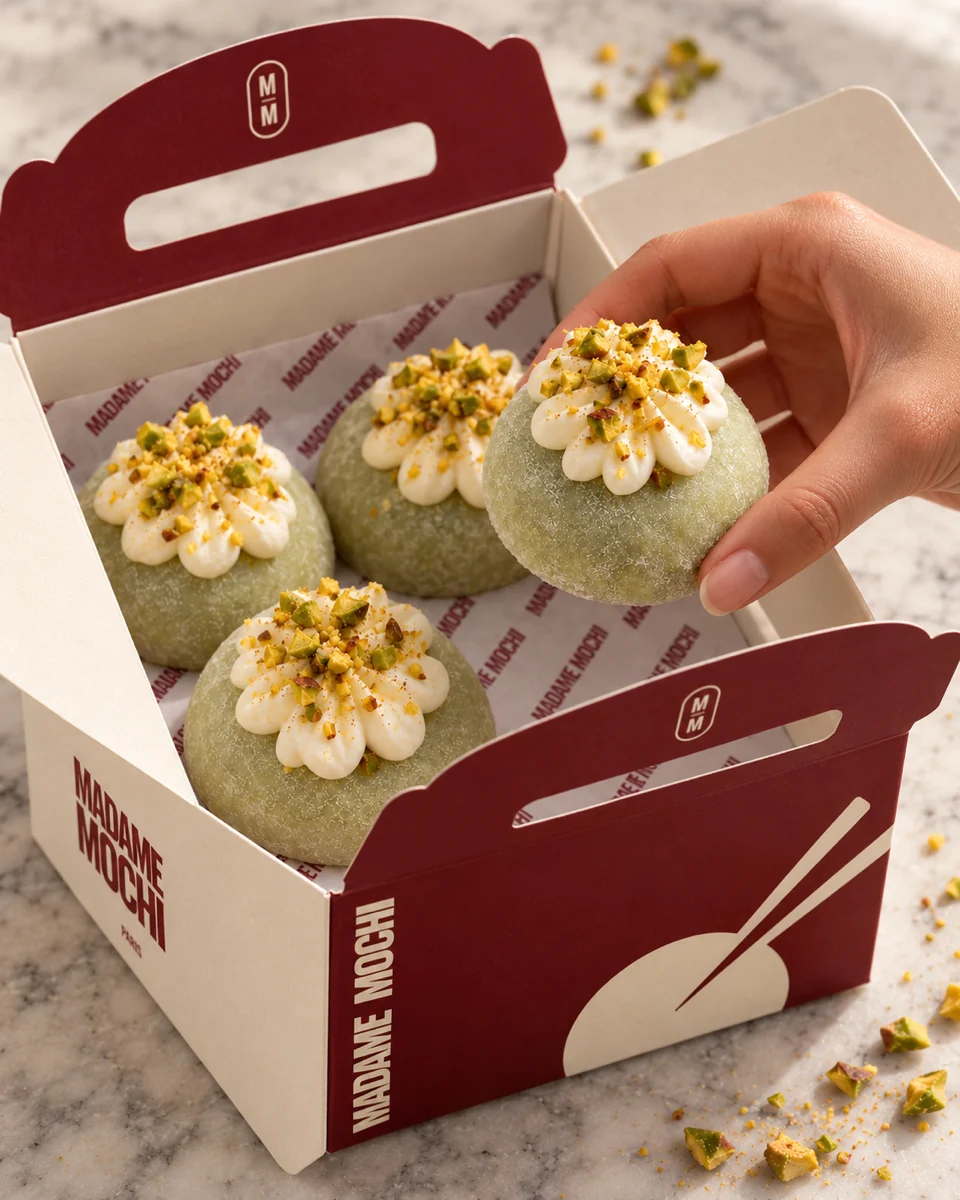 Une main sort un mochi pistache de sa boîte