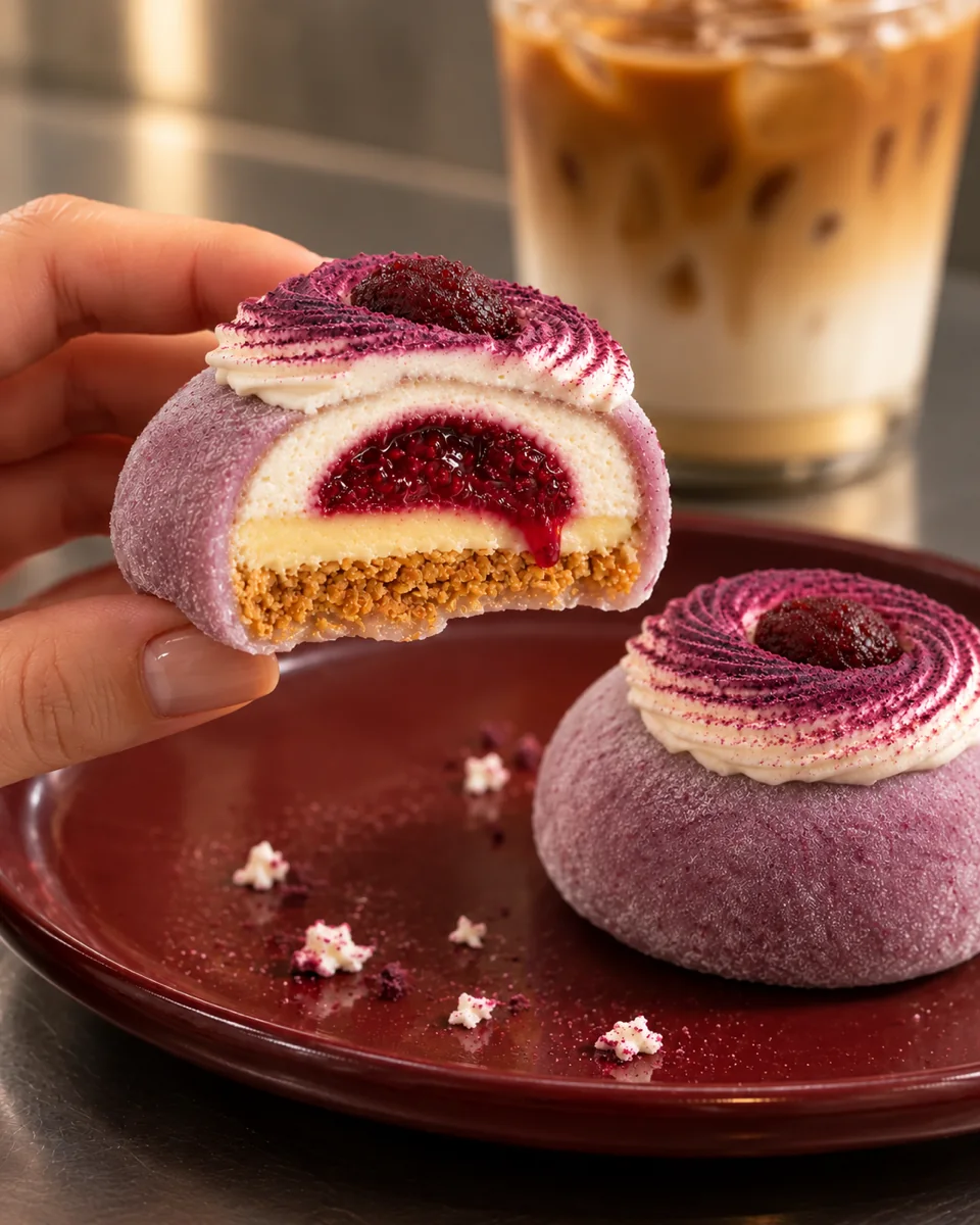 Une main tient une moitié de mochi fruits rouges entamée, un latte derrière