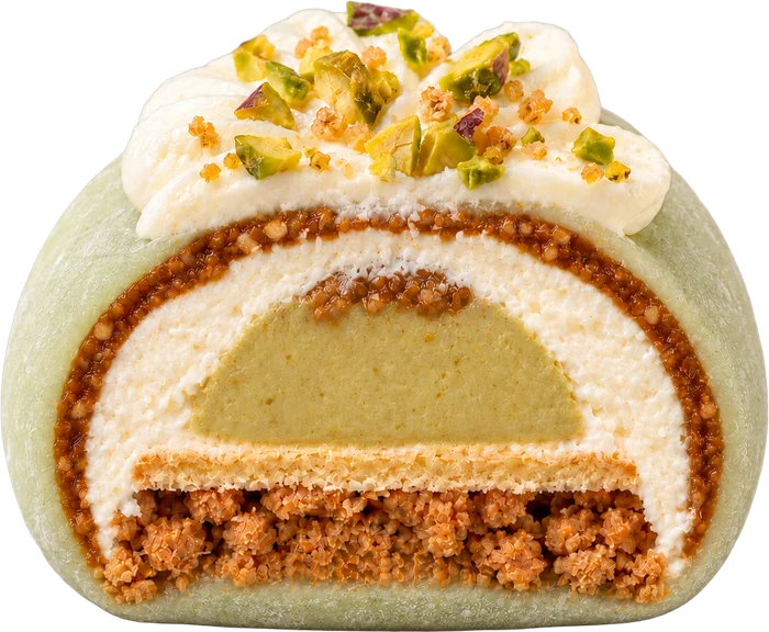 Mochi Pistache coupé en deux : ses couches